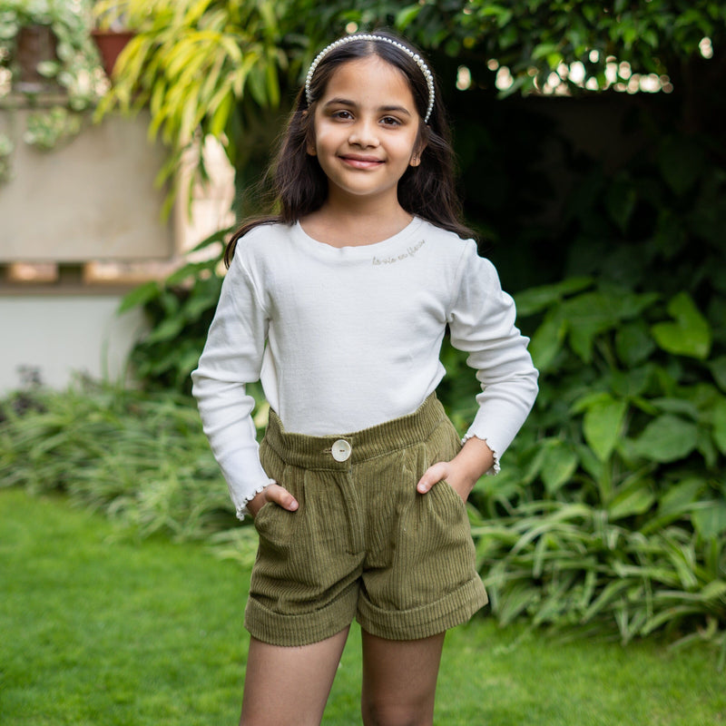 Girls - Sage Green Warm Cotton Corduroy Baggy Shorts