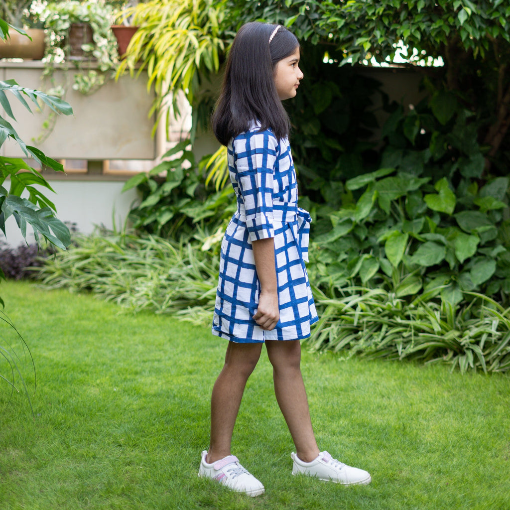 Girls - White and Blue Block Print Cotton Short Button-Down Shirt Dress