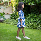 Girls - White and Blue Block Print Cotton Short Button-Down Shirt Dress
