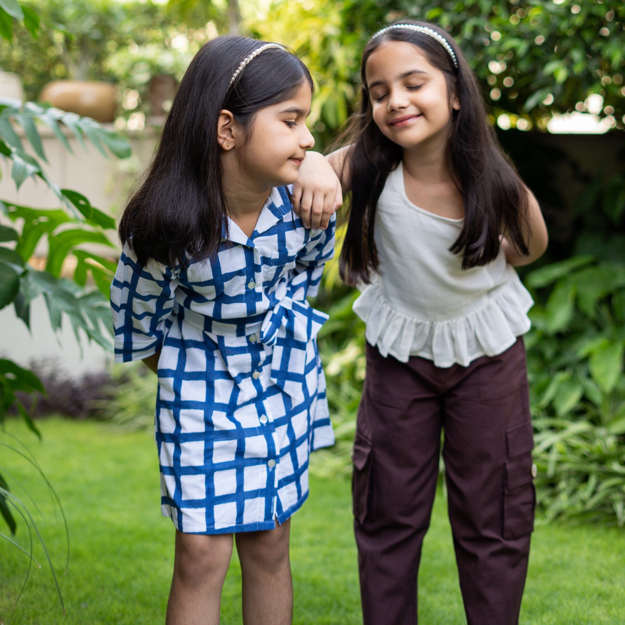 Girls - White and Blue Block Print Cotton Short Button-Down Shirt Dress