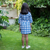 Girls - White and Blue Block Print Cotton Short Button-Down Shirt Dress