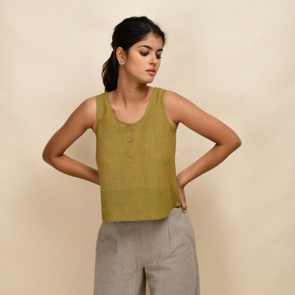 Front View of a Model wearing Gold Green 100% Cotton Sleeveless Short Top