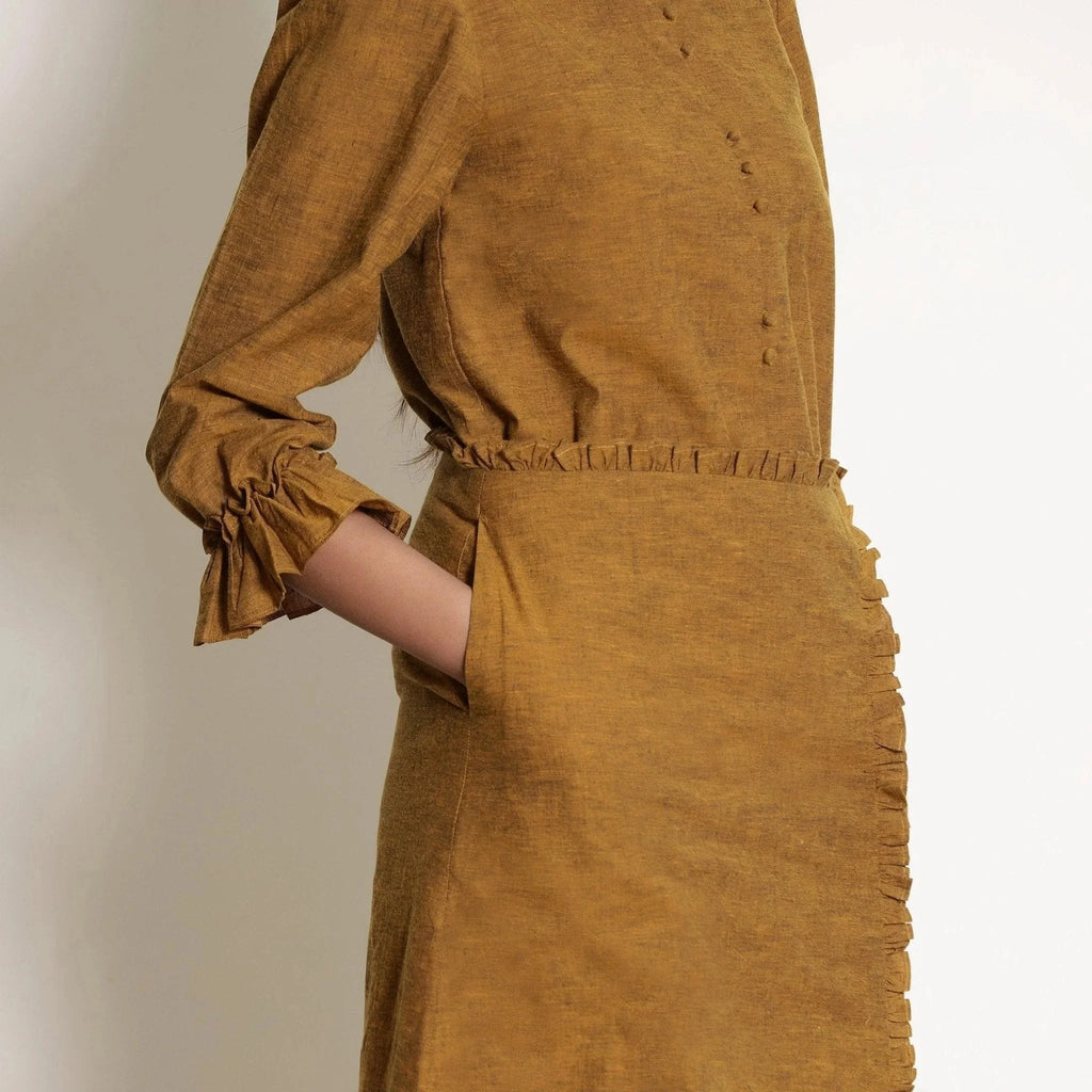 Front Detail of a Model wearing Golden Oak Warm Cotton Frilled Midi Skirt