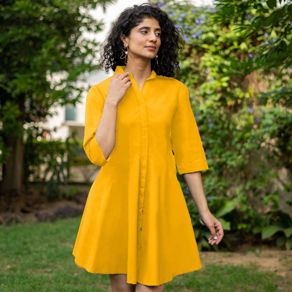 Golden Yellow Cotton Poplin Fit and Flare Short Button-Down Shirt Dress