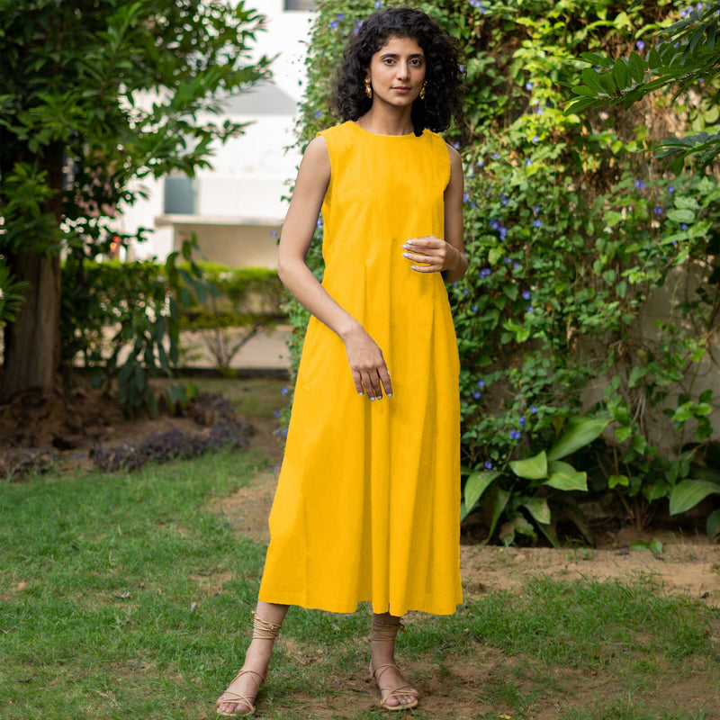 Golden Yellow Cotton Poplin Flared Midi Sleeveless Jumpsuit