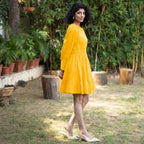 Golden Yellow Cotton Poplin Gathered Short Tier Dress