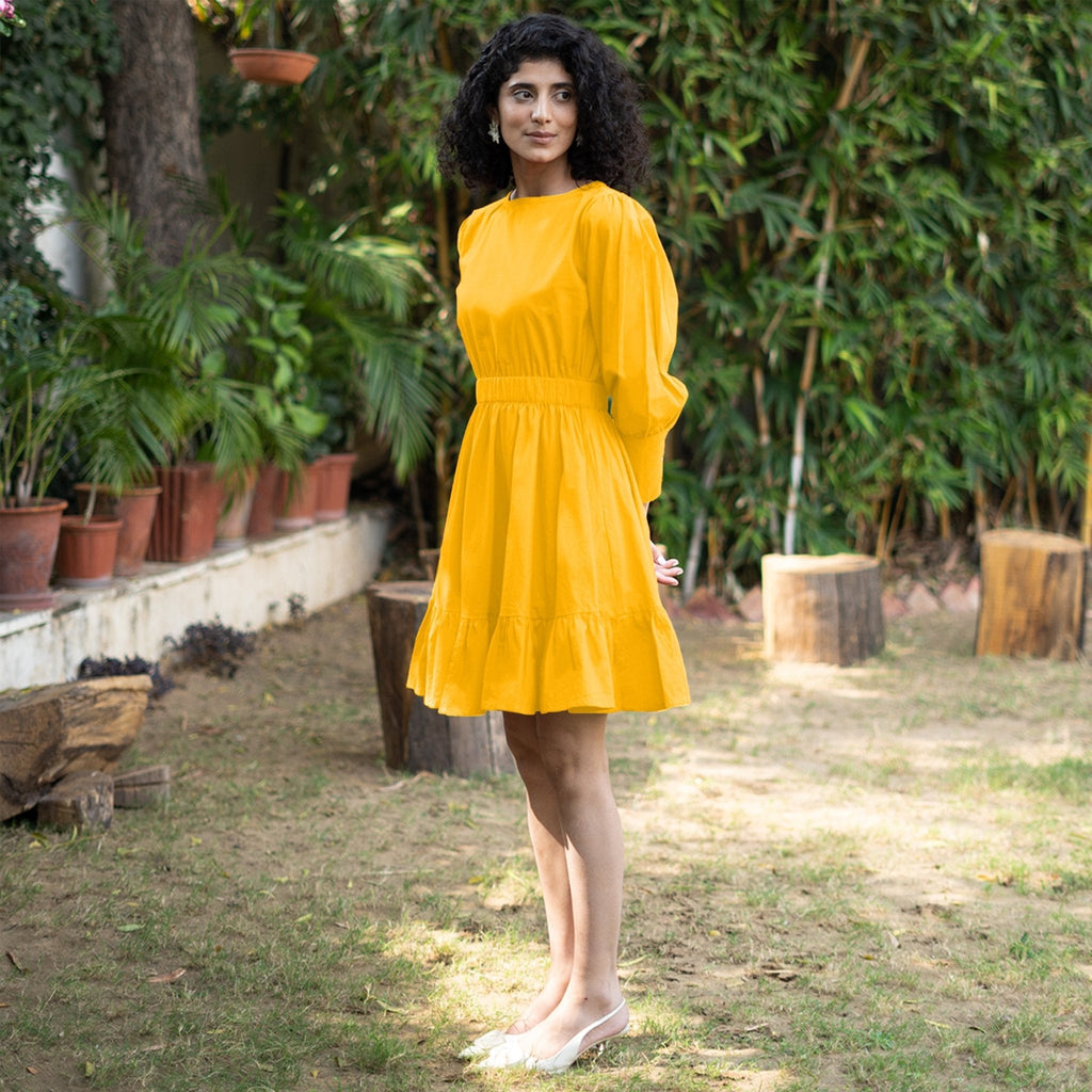 Golden Yellow Cotton Poplin Gathered Short Tier Dress