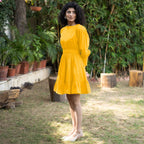Golden Yellow Cotton Poplin Gathered Short Tier Dress