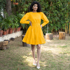 Golden Yellow Cotton Poplin Gathered Short Tier Dress