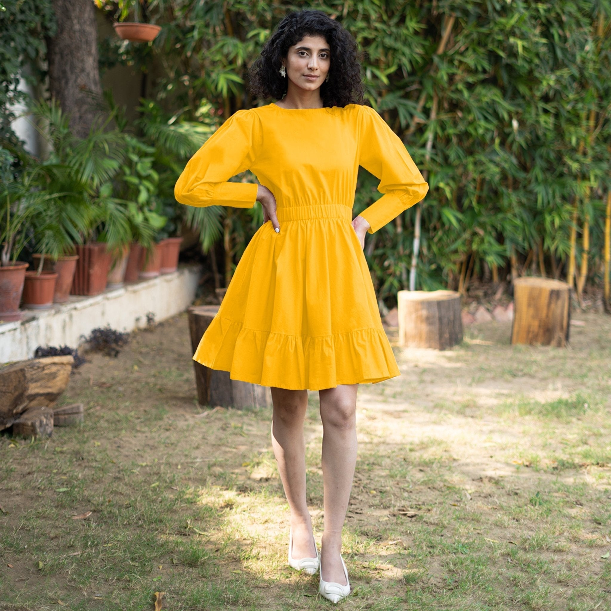 Golden Yellow Cotton Poplin Gathered Short Tier Dress