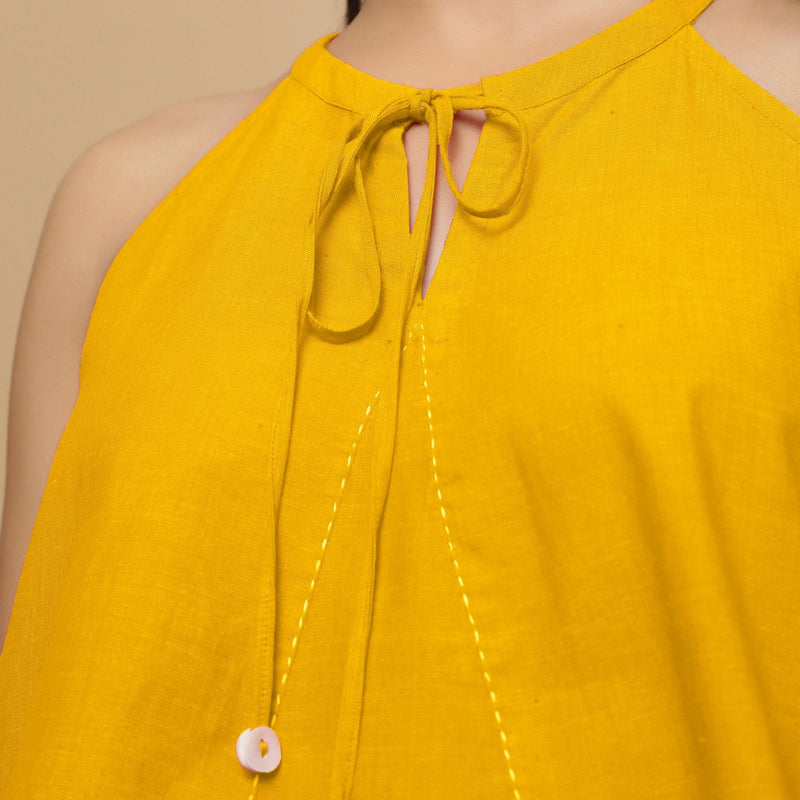 Golden Yellow Cotton Poplin Halter Neck Flared Top