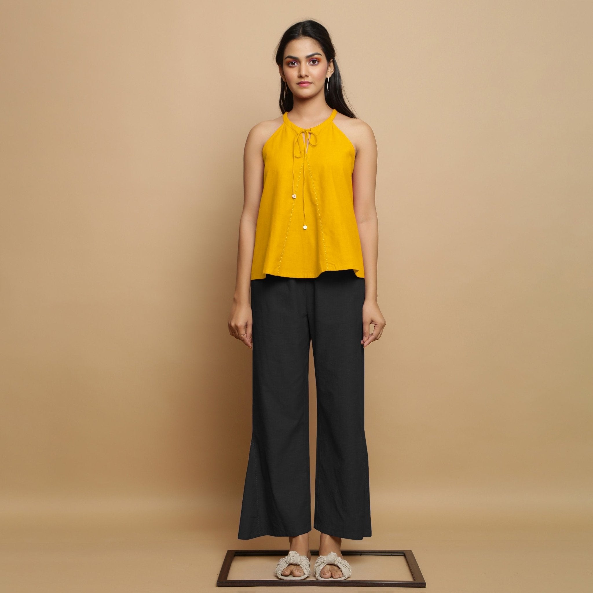 Golden Yellow Cotton Poplin Halter Neck Flared Top