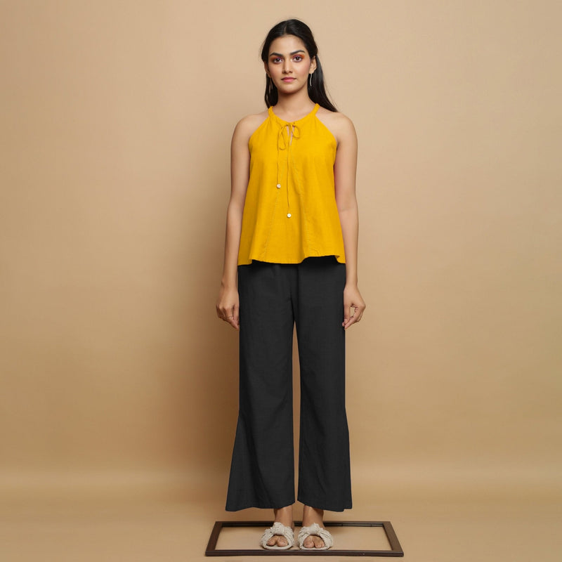 Golden Yellow Cotton Poplin Halter Neck Flared Top