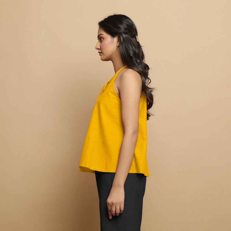 Golden Yellow Cotton Poplin Halter Neck Flared Top