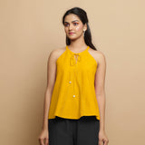 Golden Yellow Cotton Poplin Halter Neck Flared Top