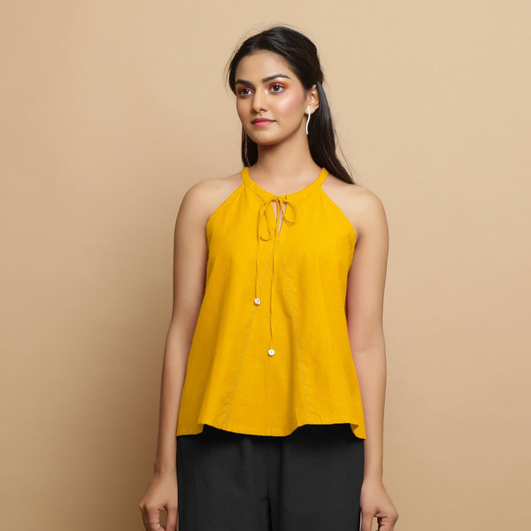 Golden Yellow Cotton Poplin Halter Neck Flared Top
