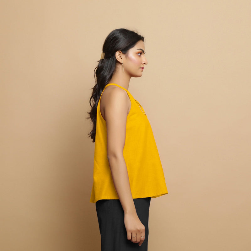 Golden Yellow Cotton Poplin Halter Neck Flared Top