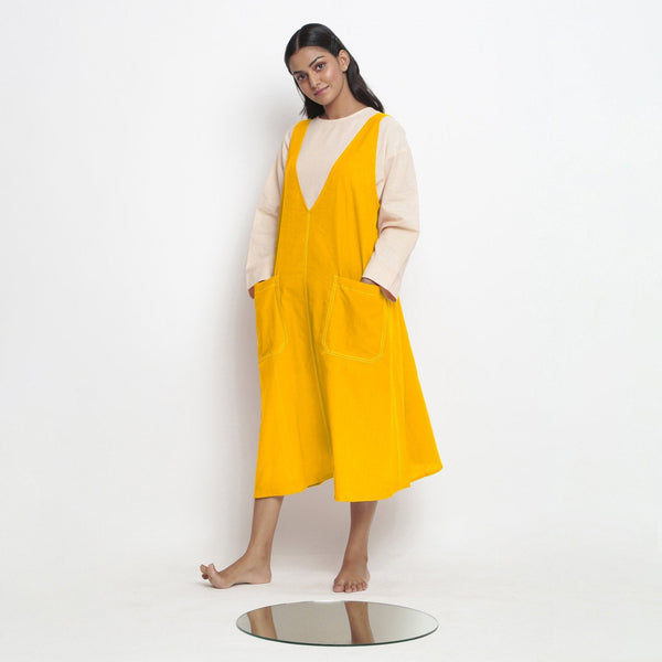 Golden Yellow Cotton Poplin Paneled Midi Shift Dress