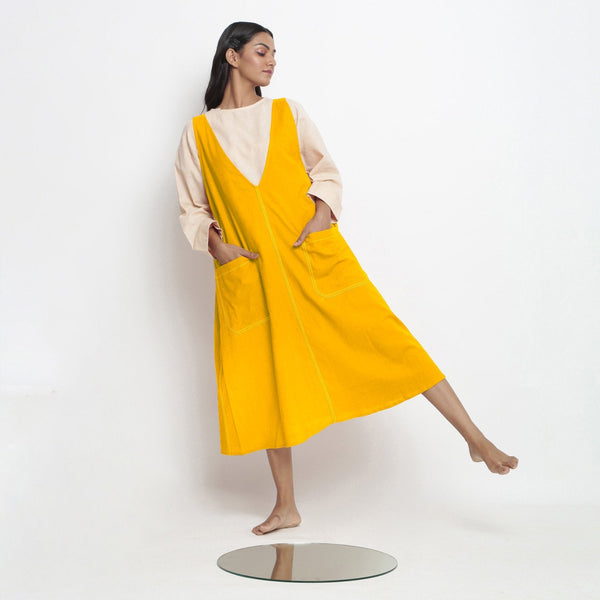 Golden Yellow Cotton Poplin Paneled Midi Shift Dress