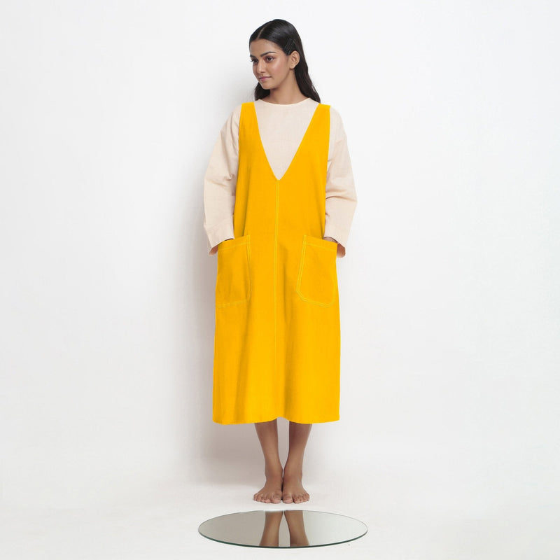 Golden Yellow Cotton Poplin Paneled Midi Shift Dress