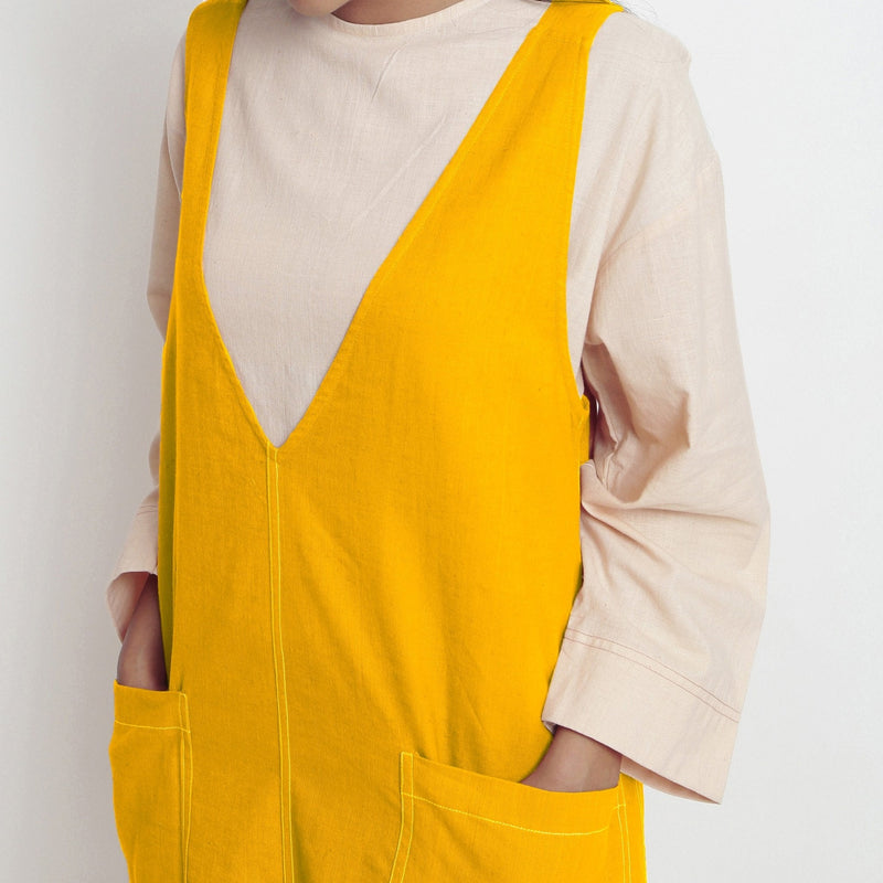 Golden Yellow Cotton Poplin Paneled Midi Shift Dress