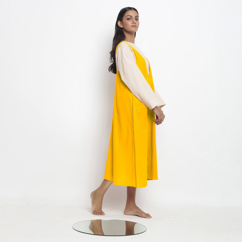 Golden Yellow Cotton Poplin Paneled Midi Shift Dress