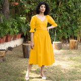 Golden Yellow Cotton Poplin V-Neck Gathered Midi Wrap Dress