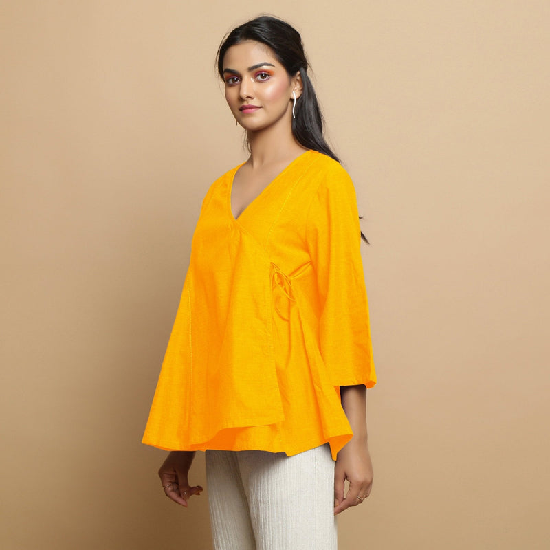 Golden Yellow Embroidered Cotton Poplin Asymmetrical Godet Top