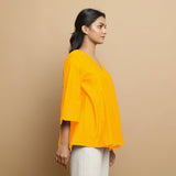 Golden Yellow Embroidered Cotton Poplin Asymmetrical Godet Top