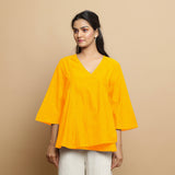 Golden Yellow Embroidered Cotton Poplin Asymmetrical Godet Top