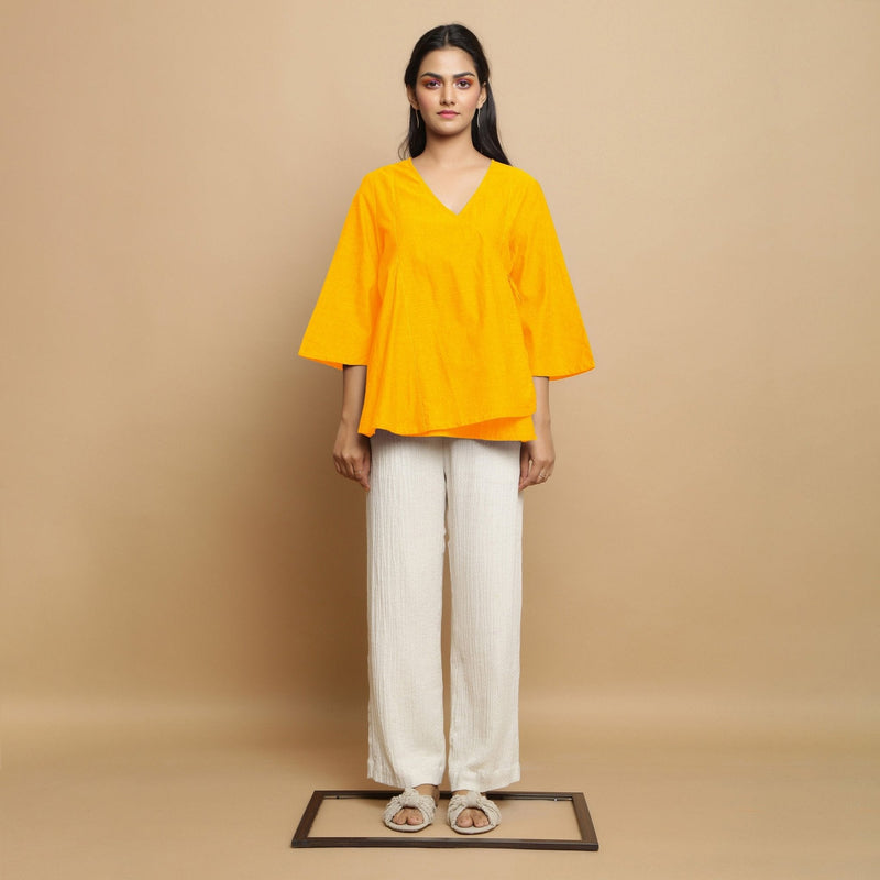 Golden Yellow Embroidered Cotton Poplin Asymmetrical Godet Top