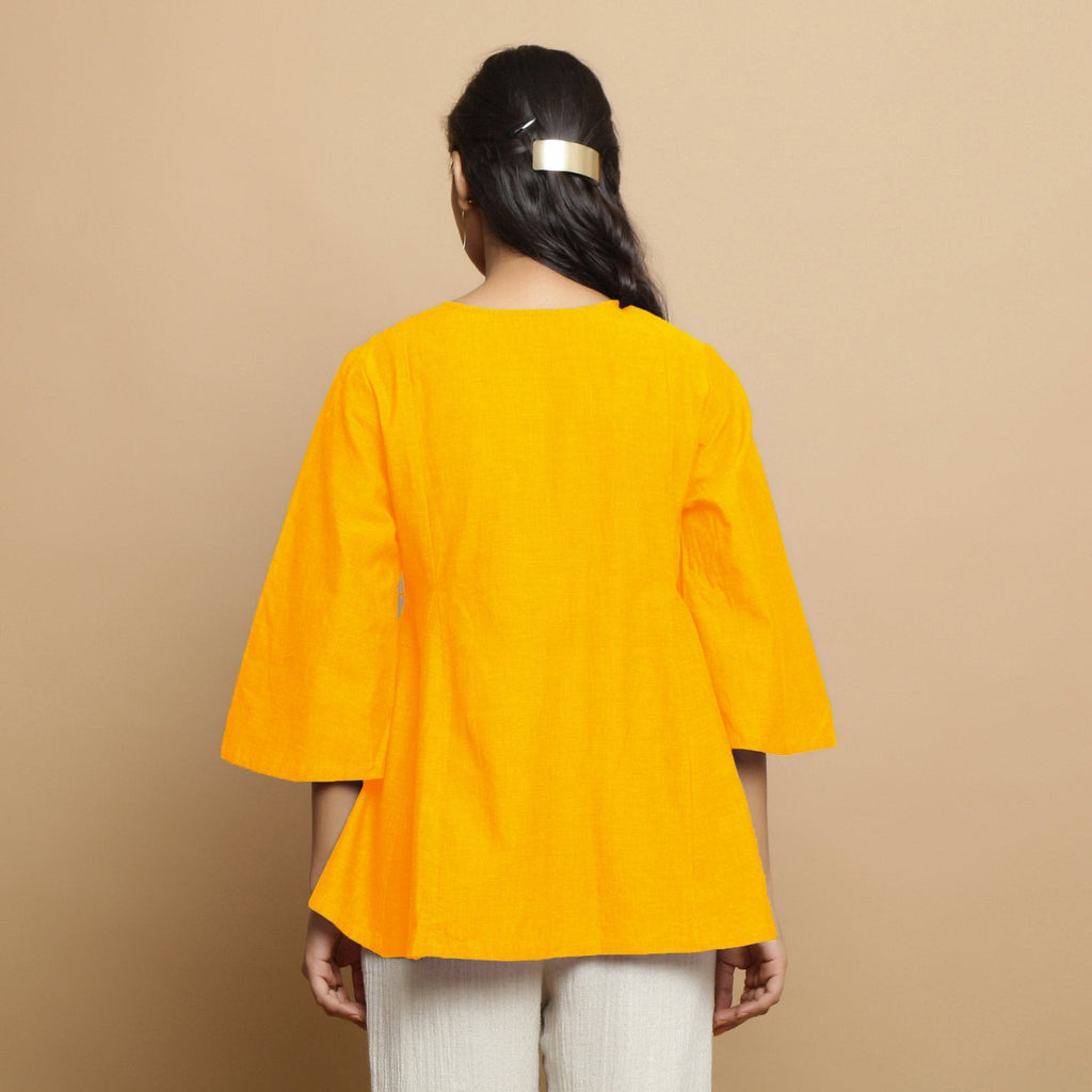 Golden Yellow Embroidered Cotton Poplin Asymmetrical Godet Top