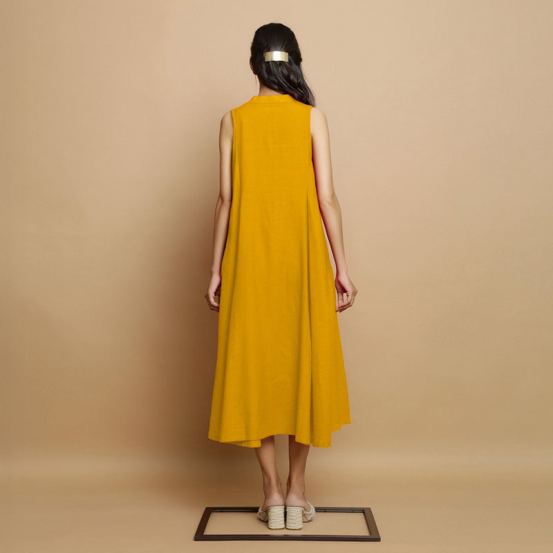 Golden Yellow Hand-Embroidered Cotton Poplin Sleeveless Midi Dress