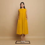 Golden Yellow Hand-Embroidered Cotton Poplin Sleeveless Midi Dress