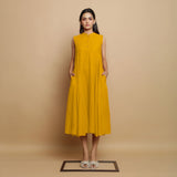 Golden Yellow Hand-Embroidered Cotton Poplin Sleeveless Midi Dress