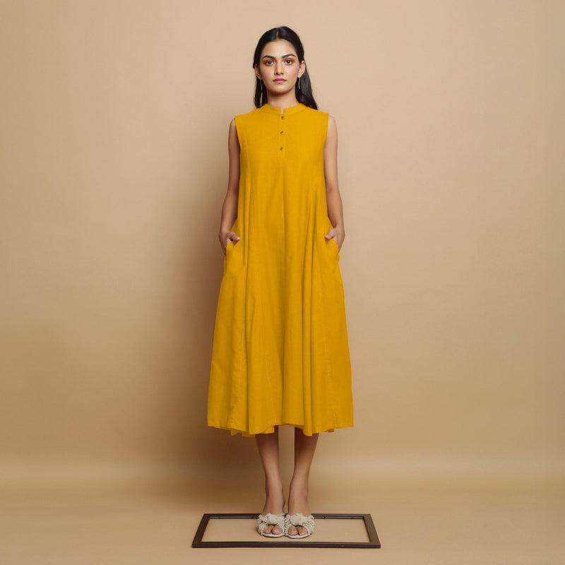 Golden Yellow Hand-Embroidered Cotton Poplin Sleeveless Midi Dress
