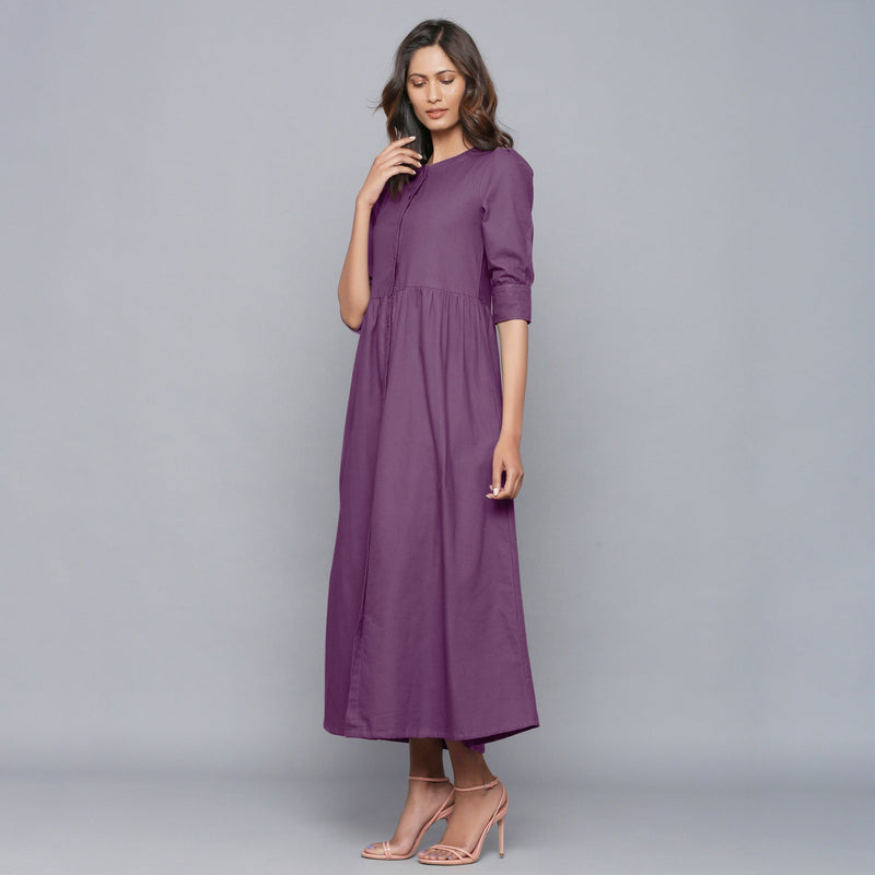 Left View of a Model wearing Grape Wine Flannel Gathered Dress