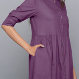 Front Detail of a Model wearing Grape Wine Flannel Gathered Dress