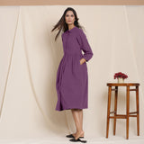 Left View of a Model wearing Grape Wine Flannel Peter Pan Gathered Dress