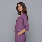 Left View of a Model wearing Grape Wine Flannel Sweetheart Neck Top
