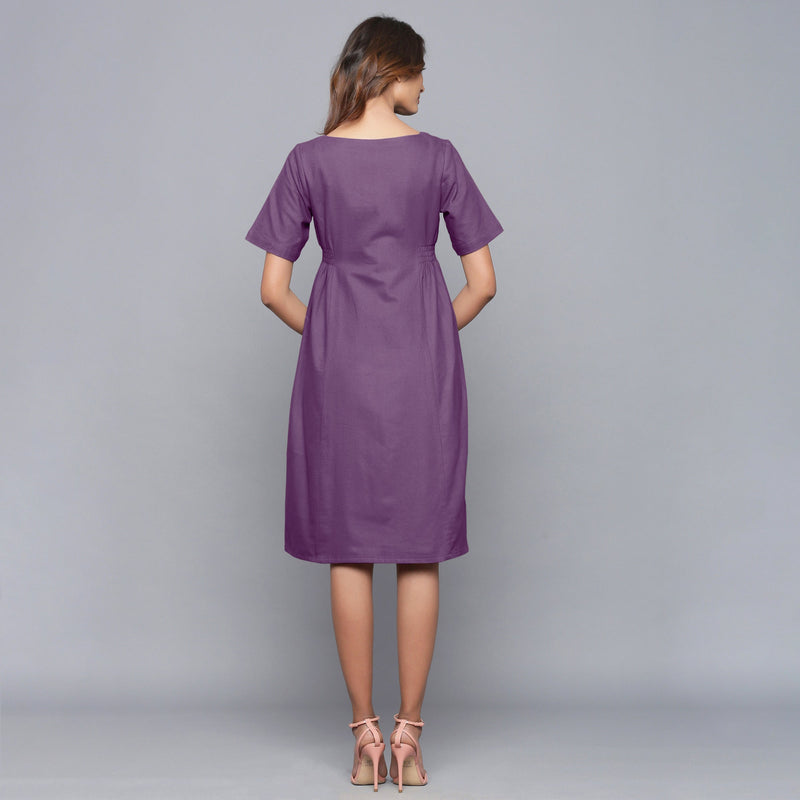 Back View of a Model wearing Grape Wine Paneled Cotton Flannel Dress