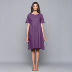 Right View of a Model wearing Grape Wine Paneled Cotton Flannel Dress