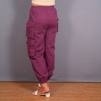 Back View of a Model wearing Grape Wine Warm Cotton Flannel Elasticated Cargo Jogger Pant