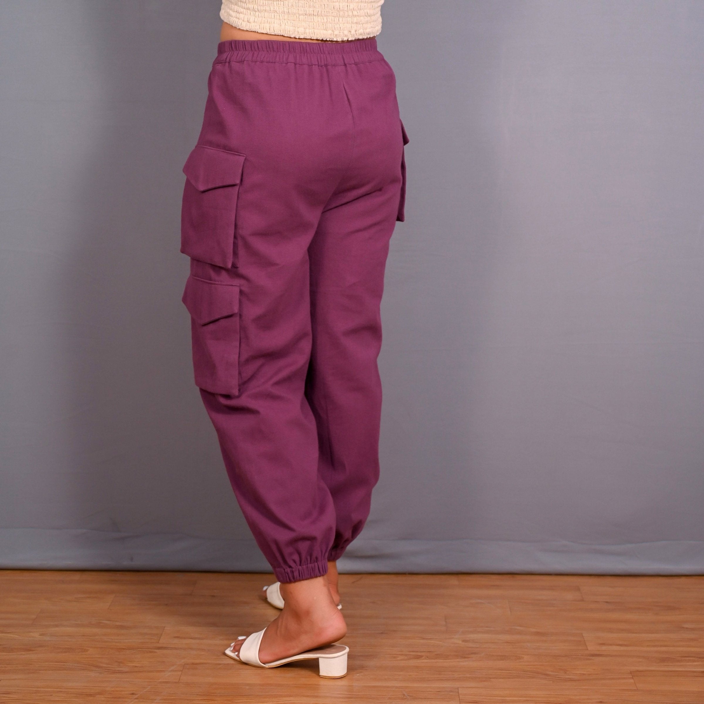 Back View of a Model wearing Grape Wine Warm Cotton Flannel Elasticated Cargo Jogger Pant