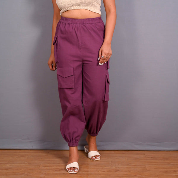 Front View of a Model wearing Grape Wine Warm Cotton Flannel Elasticated Cargo Jogger Pant