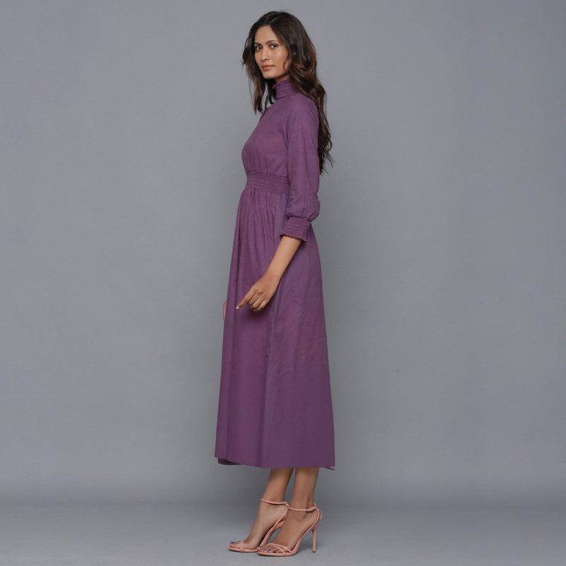 Grape Wine Warm Cotton Flannel High Neck Maxi Dress