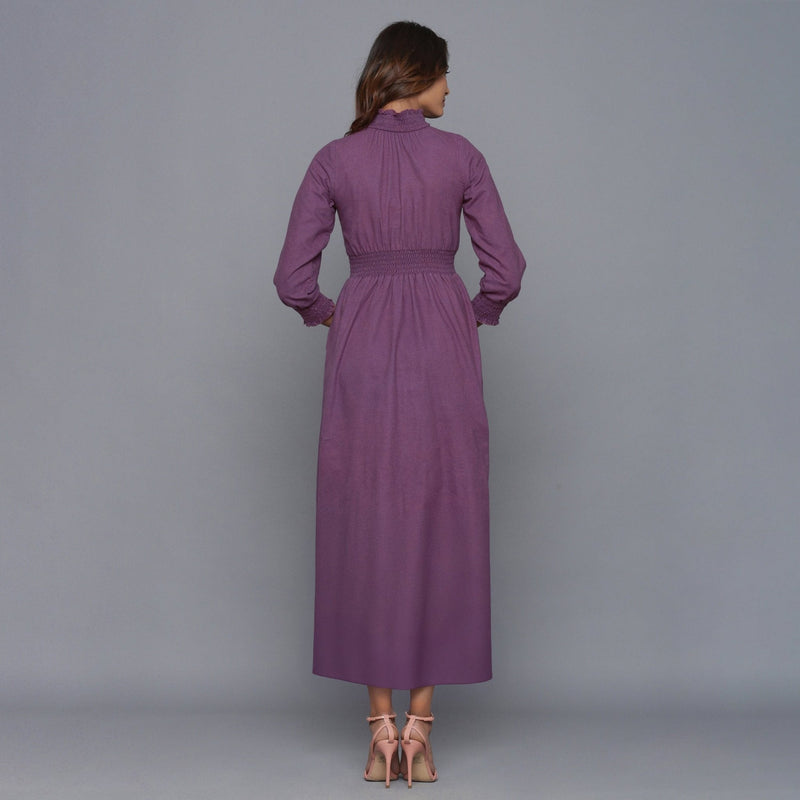 Grape Wine Warm Cotton Flannel High Neck Maxi Dress