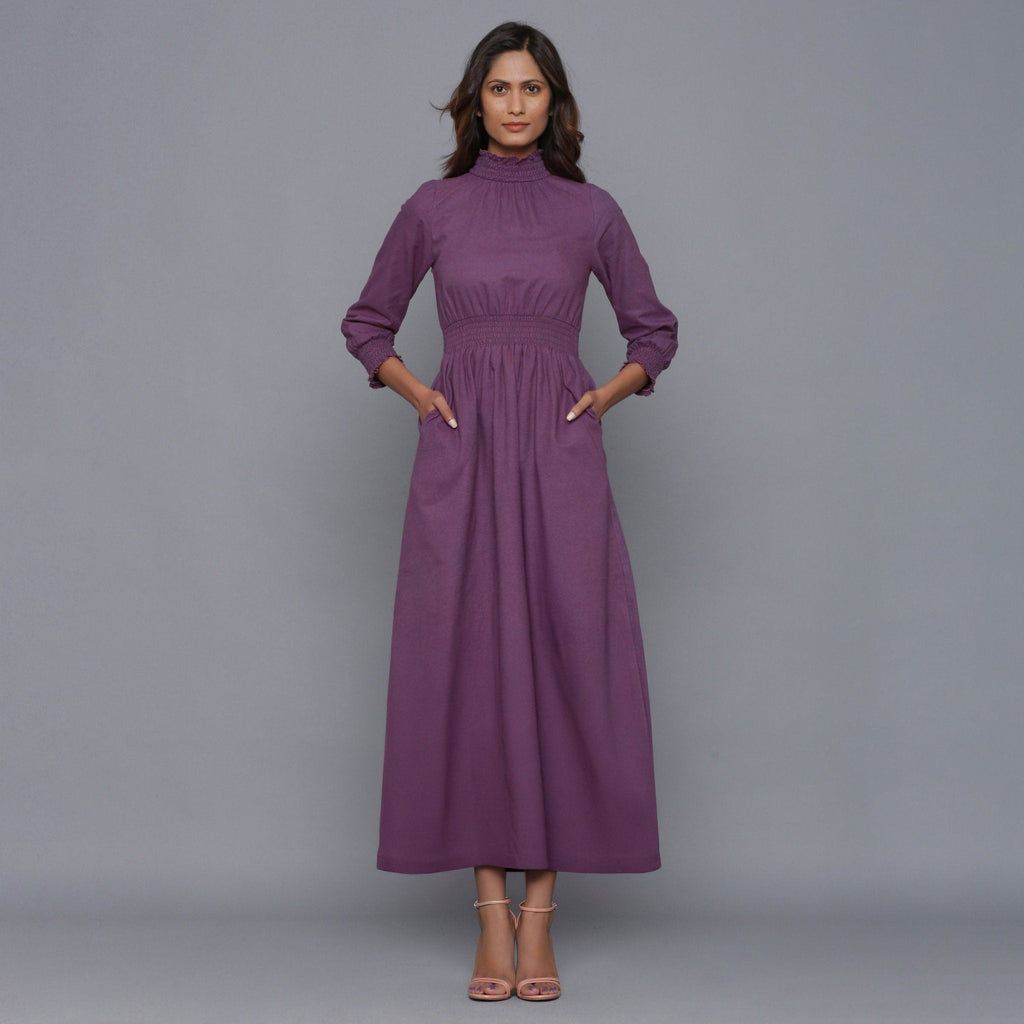 Grape Wine Warm Cotton Flannel High Neck Maxi Dress