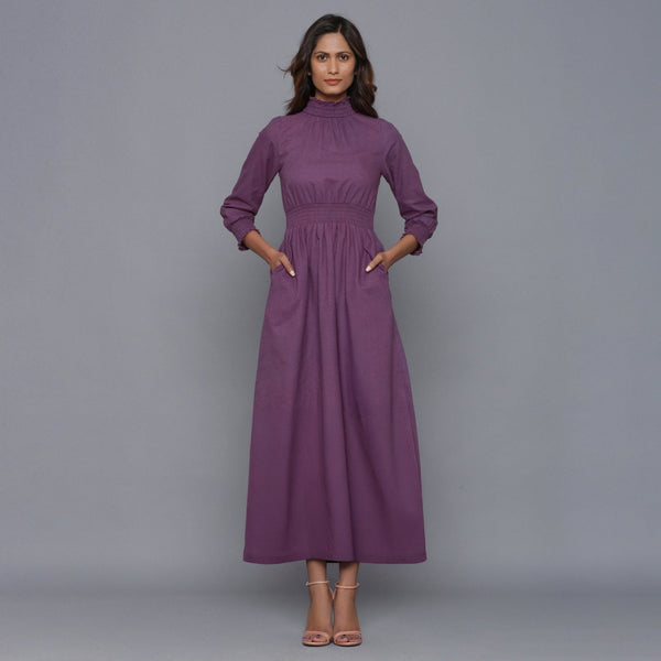 Grape Wine Warm Cotton Flannel High Neck Maxi Dress