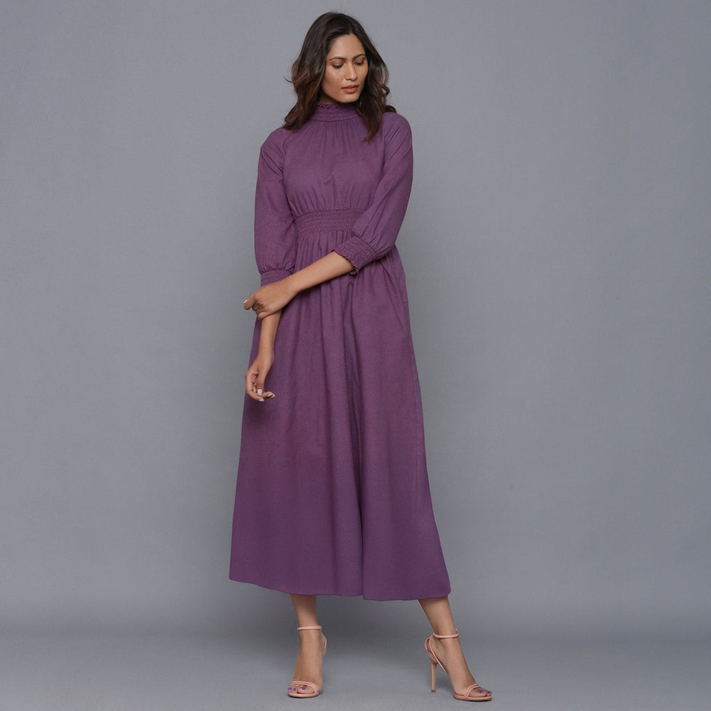 Grape Wine Warm Cotton Flannel High Neck Maxi Dress